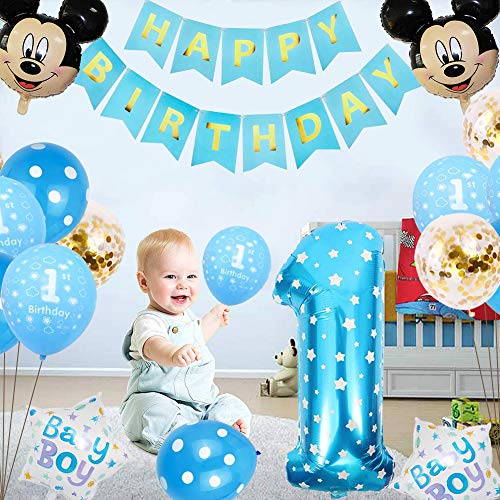 Decoraciones de Cumpleaños de Mickey, BESTZY 1er Cumpleaños Bebe Azul Globos Decoraciones de Fiesta Temática Azul de Mickey Globos de Confeti de Latex Boy