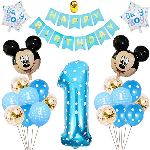 Decoraciones de Cumpleaños de Mickey, BESTZY 1er Cumpleaños Bebe Azul Globos Decoraciones de Fiesta Temática Azul de Mickey Globos de Confeti de Latex Boy