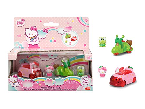 Dickie Toys 253242002 Hello Kitty Apple + Keroppi Coconut - Juego de 2 vehículos de aluminio fundido, figuras extraíbles, longitud del vehículo: 6 cm, tamaño de la figura: 2,5 cm