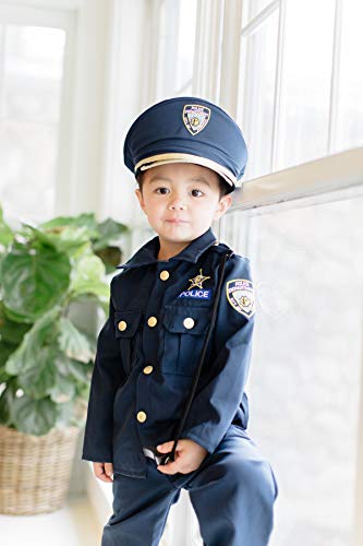 Dress Up America Disfraz de policía para niños: camisa, pantalones, sombrero, cinturón, silbato, funda de pistola y conjunto de policía con walkie talkie