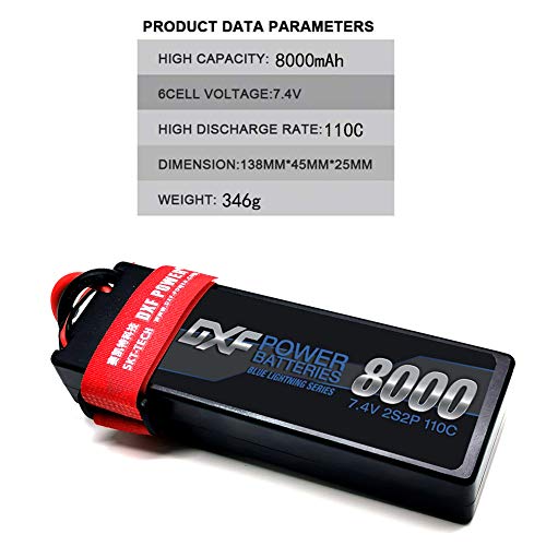 DXF 2PCS 8000mAh 7.4V 110C 2S LiPo RC Battery Pack with Hard Case Deans Plug for RC Evader Bx Car Truck Truggy Buggy Tank Helicopter Airplane Car Racing