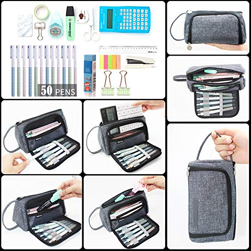 Estuche de Lápices Gran Capacidad Bolígrafos Estuche de Maquillaje Organizador de Almacenamiento de Artículos de Papelería con asa y la Oficina de la Escuela Secundaria de Colegio Estudiantes(Gris)