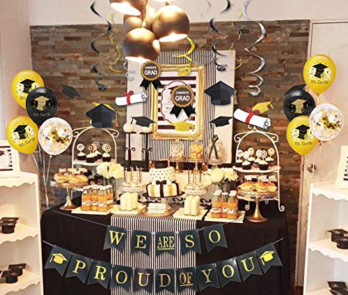 Felicitaciones Globo Graduación Fiestas Decoraciones 2021 con Estamos tan orgullosos de ti Banner, Graduación Bunting Black and Gold, We Did It Balloon