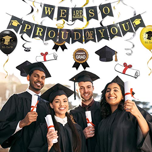 Felicitaciones Globo Graduación Fiestas Decoraciones 2021 con Estamos tan orgullosos de ti Banner, Graduación Bunting Black and Gold, We Did It Balloon
