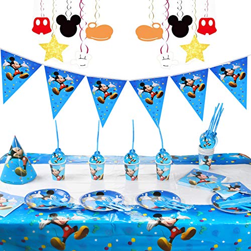 FGen Platos y Vasos Para Cumpleaños, Decoracion de Cumpleanos de, Taza Mickey Mouse, Mickey Plato Cuchillo Tenedor Cuchara Taza Paja Mantel Banderín Sombrero Servilleta Para Fiesta, 10 Invitados