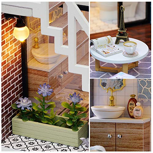 Fsolis Casa de Muñecas en Miniatura de Bricolaje con Mueble, Casa en Miniatura de Madera 3D con Cubierta Antipolvo y Movimiento Musical, Kit de Regalo Creativo de Casas para Muñecas-Blue Times