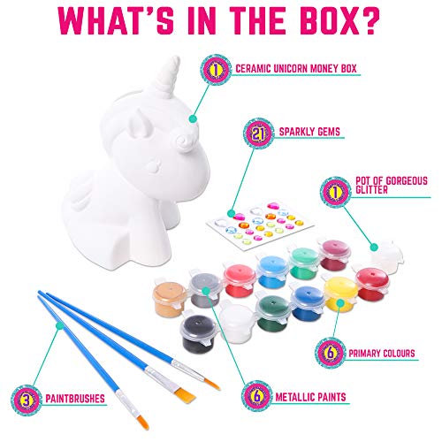 GirlZone Regalos para Niñas - Hucha Unicornio para Pintar - Kit Pintura para Niñas y Accesorios Infantiles -Pinceles, Colores y Gemas - Regalo de Navidad 3 a 12 años Cumpleaños y Fiestas