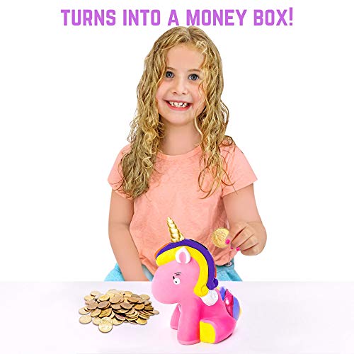 GirlZone Regalos para Niñas - Hucha Unicornio para Pintar - Kit Pintura para Niñas y Accesorios Infantiles -Pinceles, Colores y Gemas - Regalo de Navidad 3 a 12 años Cumpleaños y Fiestas