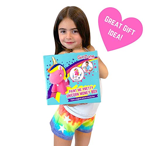 GirlZone Regalos para Niñas - Hucha Unicornio para Pintar - Kit Pintura para Niñas y Accesorios Infantiles -Pinceles, Colores y Gemas - Regalo de Navidad 3 a 12 años Cumpleaños y Fiestas
