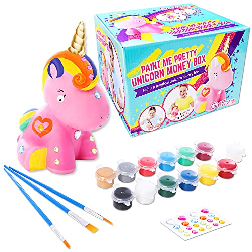 GirlZone Regalos para Niñas - Hucha Unicornio para Pintar - Kit Pintura para Niñas y Accesorios Infantiles -Pinceles, Colores y Gemas - Regalo de Navidad 3 a 12 años Cumpleaños y Fiestas