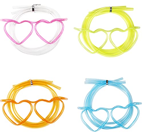 Greyoe Gafas Divertidas Pajita, 8 Piezas de Coloridos Vasos de Paja en Forma de corazón Divertidos Vasos de Paja Reutilizables con 4 Colores para Fiestas de cumpleaños de niños y reuniones Familiares