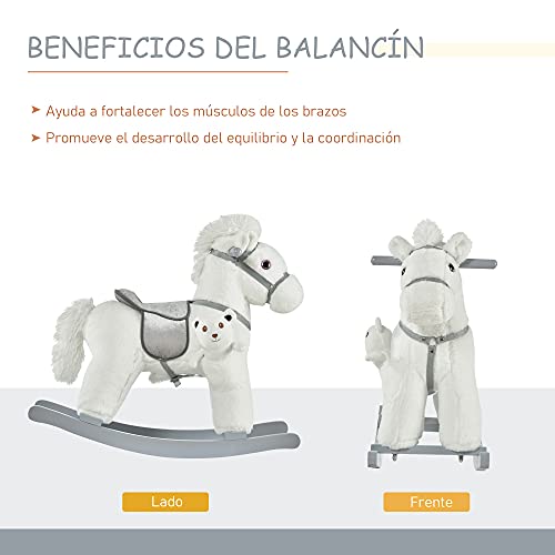 HOMCOM Caballito Balancín para Niños de 18-36 Meses Caballo Mecedora Felpa con Osito de Peluche Sonidos de Relincho y Galope Base de Madera 65x26x55 cm Blanco
