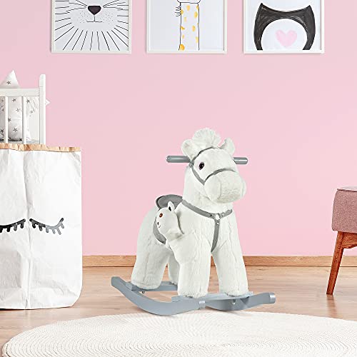 HOMCOM Caballito Balancín para Niños de 18-36 Meses Caballo Mecedora Felpa con Osito de Peluche Sonidos de Relincho y Galope Base de Madera 65x26x55 cm Blanco