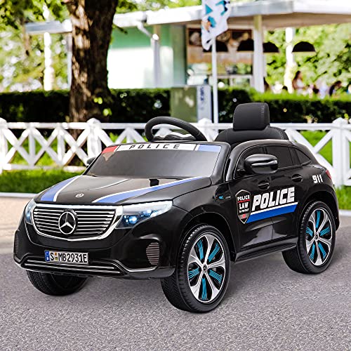 HOMCOM Coche Eléctrico de Policía para Niños Mercedes EQC Batería 12V +3 Años con Mando a Distancia Música Bocina y Faros Doble Apertura 106x68x53 cm Negro