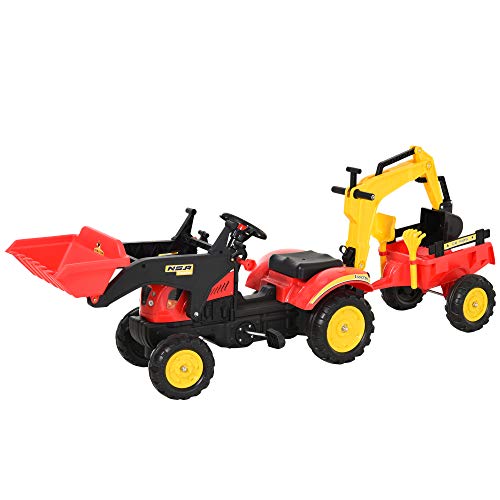 HOMCOM Tractor a Pedales con Remolque Excavador con Pala Frontal Juguete de Conducción para Mayores de 3 Años Dirección y Palas Fáciles de Controlar Soporta hasta 35 kg 179x42x59 cm Rojo