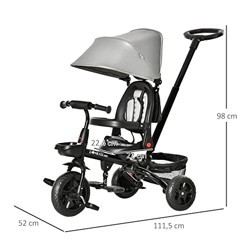 HOMCOM Triciclo Bebé 4 en 1 Bicicleta para Niños 1-5 Años con Asiento Giratorio Capota Ajustable Mango de Empuje Telescópico y Reposapiés Plegable 111,5x52x98 cm Gris