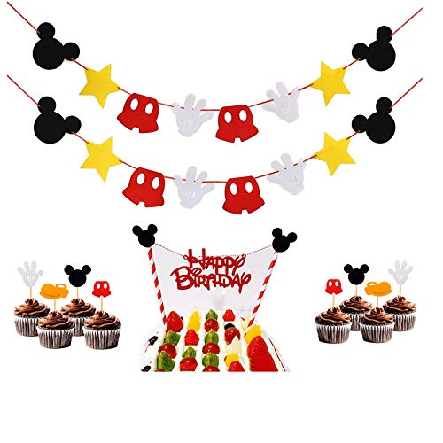 Hooggle Kit de decoración de la Fiesta de Mickey Mouse, Mickey Inspired Cupcake Toppers + Mickey Mouse con Tema de Fieltro Guirnalda Fiesta de cumpleaños Banner Suministros de decoración