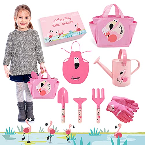 Hortem - Juego de Herramientas de jardín para niños de 7 Piezas, Incluye Herramientas manuales, Guantes de jardín para niños, Delantal y regadera, Regalos de jardinería para niños (Rosa)