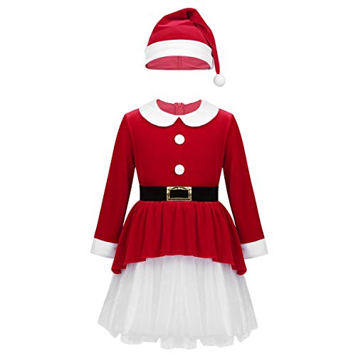 inhzoy Disfraz de Papá Noel para Niña Vestido Rojo de Santa Manga Larga Vestido Tutú Princesa con Sombrero Traje Mamá Noel Disfraz Navidad Fiesta Rojo 6 Años