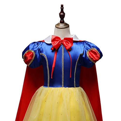 IWEMEK Traje de Princesa Blancanieves Disfraz de Carnaval con Cabo Accesorios 9pcs Vestido de Cosplay para Niñas Disfraces de Halloween Navidad Cumpleaños Comunión Fiesta 4-5 años