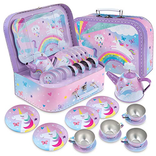 Jewelkeeper - Juego de té para niños con Estuche, Servicio de té Juguete de Metal, vajilla Infantil de 15 Piezas - Diseño de Unicornio algodón de azúcar
