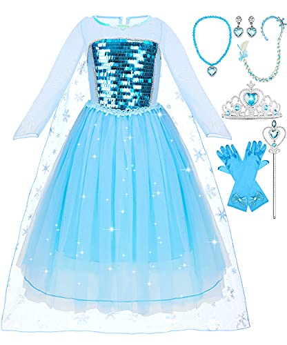 Jojoin Disfraz de Princesa Elsa, Vestido de Princesa, Disfraz Niña, Traje de Princesa con collar, bandas de pelo, varita, para Fiesta de Cosplay/Boda/Partido/Cumpleaño/Navidad/Halloween 110 Cm