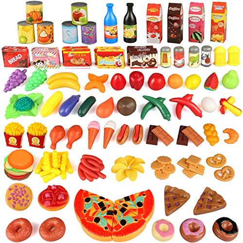 joylink 139pcs Alimentos Juguetes, Juguetes Cortar Frutas Verduras Pizza Comida Juguete de Plástico para Niños Juguetes Temprano Eeducativos Set de Alimentos de Corte Juguete del Bebé
