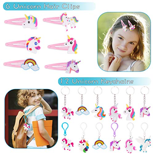 JOYUE 50PCS Unicornio Cumpleaños de Regalo, Pulsera Unicornio, Llavero, Tatuajes Temporale, Pinza de Pelo, Marcador de Unicornio, Pulseras Bofetada, para Piñata Unicornio Fiesta de Regalo para Niños