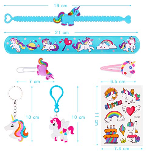JOYUE 50PCS Unicornio Cumpleaños de Regalo, Pulsera Unicornio, Llavero, Tatuajes Temporale, Pinza de Pelo, Marcador de Unicornio, Pulseras Bofetada, para Piñata Unicornio Fiesta de Regalo para Niños