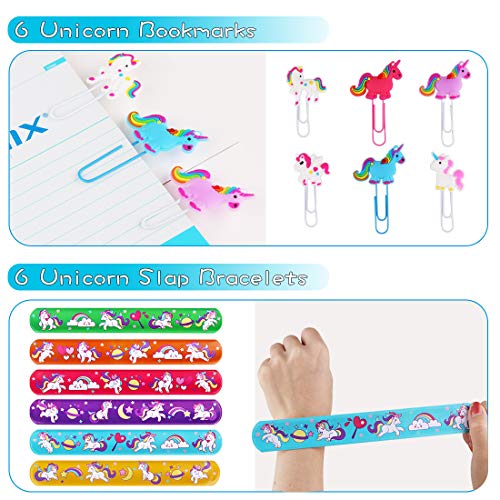 JOYUE 50PCS Unicornio Cumpleaños de Regalo, Pulsera Unicornio, Llavero, Tatuajes Temporale, Pinza de Pelo, Marcador de Unicornio, Pulseras Bofetada, para Piñata Unicornio Fiesta de Regalo para Niños