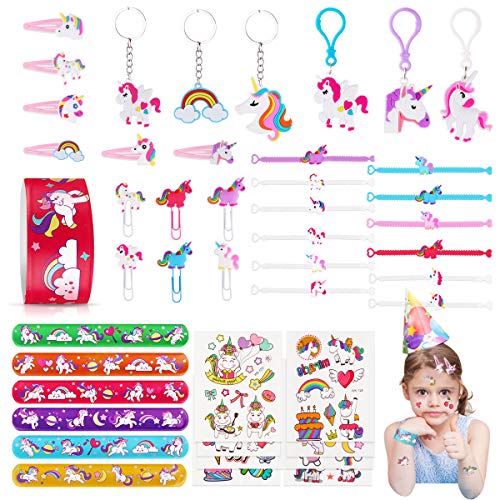 JOYUE 50PCS Unicornio Cumpleaños de Regalo, Pulsera Unicornio, Llavero, Tatuajes Temporale, Pinza de Pelo, Marcador de Unicornio, Pulseras Bofetada, para Piñata Unicornio Fiesta de Regalo para Niños