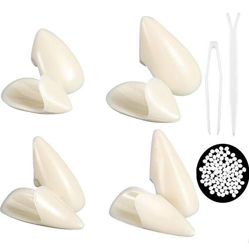 Juego de 8 Colmillos de Dientes de Vampiro Dientes Falsos de Horror de Disfraz de Halloween Adornos 4 Tamaños con Pellets de Diente Instrucción Herramientas de Instalación para Fiesta de Disfra