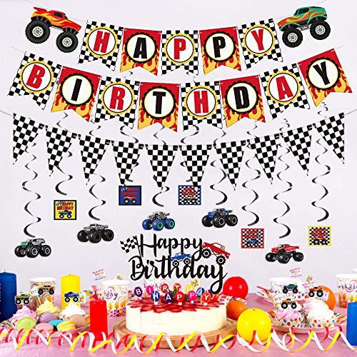 Juego de accesorios para fiesta de cumpleaños, 39 unidades, con pancartas de Happy Birthday, pancartas de monstruos, globos, bobinas de perchas, decoración para tartas y cupcakes