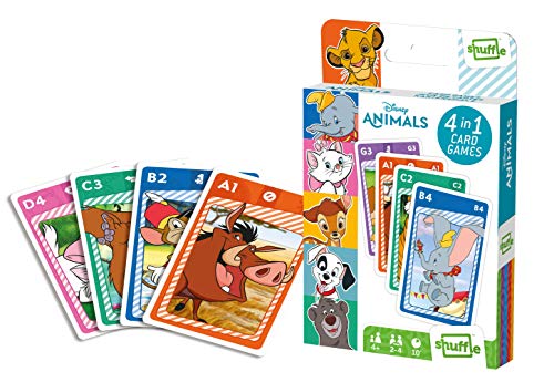 Juego de Cartas Shuffle Fun Disney Animals 4 en 1 - Baraja de Cartas con 4 Juegos de Snap, Familias, Parejas y Juego de Acción, Multicolor