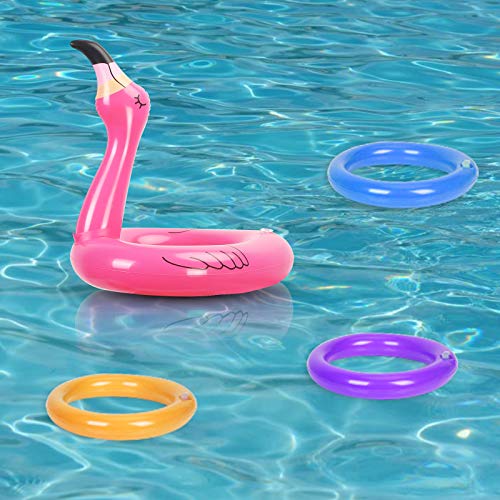 KATOOM 14PCS Juego Inflable con Anillos, Juguete Flamenco con Anillos, Juego Inflable de Lanzamiento con 12 Anillo y 2 Flamenco para Amigos y familias en Fiesta/Piscina