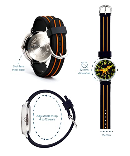 KIDDUS Reloj Educativo para niño, Chica, Chico. De Pulsera, analógico. Time Teacher fácil de Leer para Aprender la Hora. Ejercicios incluídos. Dinosaurio. Negro y Naranja. Manillas escritas