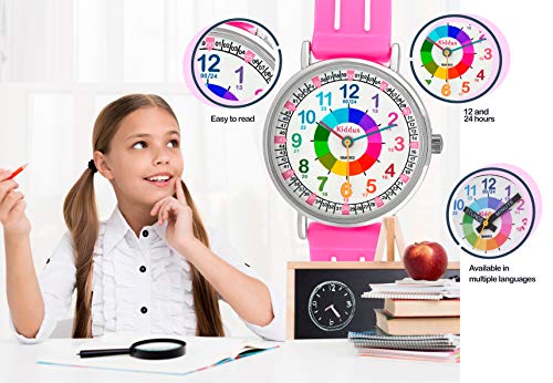 KIDDUS Reloj Educativo para niño, Chica, Chico. De Pulsera, analógico. Time Teacher fácil de Leer para Aprender la Hora. Ejercicios incluídos. Dinosaurio. Negro y Naranja. Manillas escritas