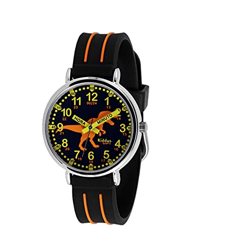KIDDUS Reloj Educativo para niño, Chica, Chico. De Pulsera, analógico. Time Teacher fácil de Leer para Aprender la Hora. Ejercicios incluídos. Dinosaurio. Negro y Naranja. Manillas escritas