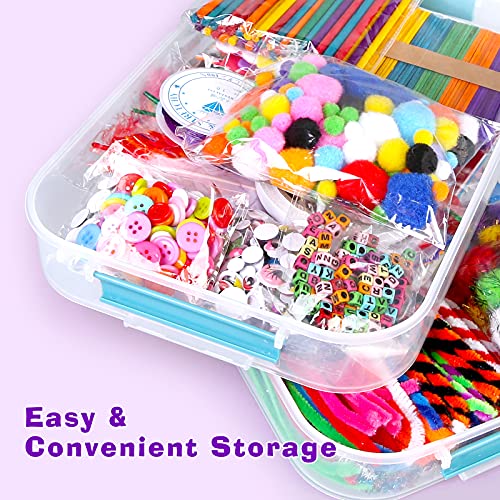 kramow Kits de Manualidades para Niños, Juego de Manualidades con Caja de Almacenamient,Pompón, Limpiapipas, Pluma, Cuentas, Actividades Creativas, Juguetes Educativos Regalo para Niño Niña 4 Años +