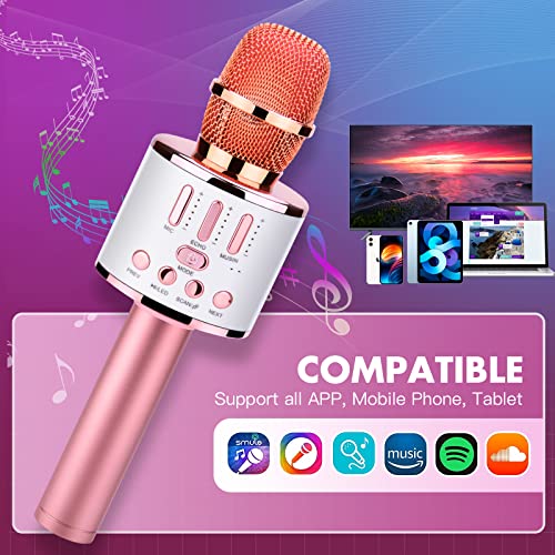 Kriogor Microfono Inalámbrico Karaoke, Micrófono Karaoke Bluetooth Portátil con Luces LED de Baile Compatible con Dispositivos Android e iOS para KTV en Casa/Fiestas/Canto de Niños (Oro Rosa)
