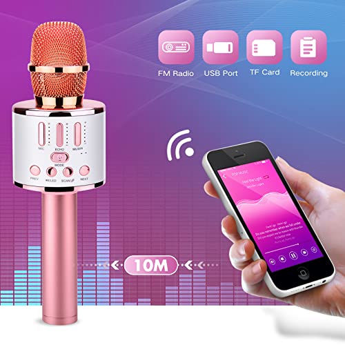Kriogor Microfono Inalámbrico Karaoke, Micrófono Karaoke Bluetooth Portátil con Luces LED de Baile Compatible con Dispositivos Android e iOS para KTV en Casa/Fiestas/Canto de Niños (Oro Rosa)
