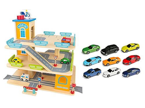 Leomark Aparcamiento De 3 Niveles Garaje De Juguete Madera La Pista De Descenso Helicóptero Parking + 9 coches de metal