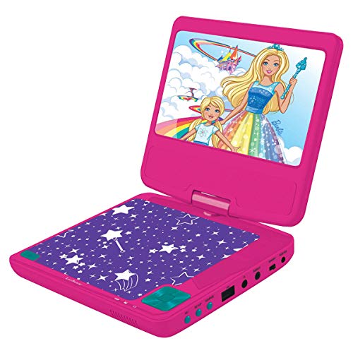 LEXIBOOK r Barbie, Mattel-Lector DVD Portátil 7" con Puerto USB, Control Parental, Mando, Auriculares, Adaptador Coche, batería Recargable DVDP6BB, Color Rosa
