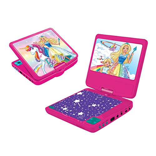 LEXIBOOK r Barbie, Mattel-Lector DVD Portátil 7" con Puerto USB, Control Parental, Mando, Auriculares, Adaptador Coche, batería Recargable DVDP6BB, Color Rosa