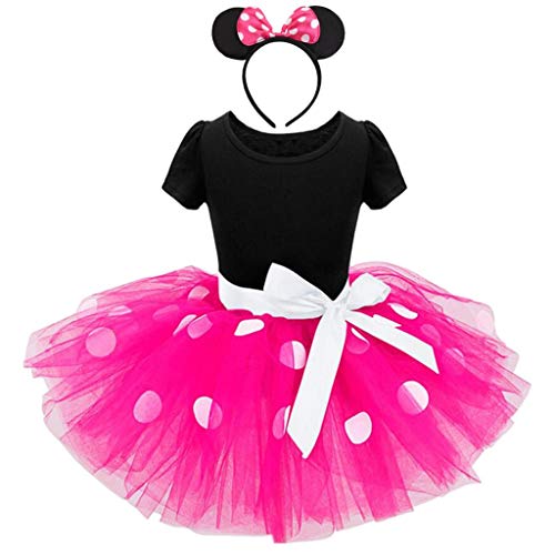 Lito Angels Disfraz Minnie Mouse para Niña con Orejas de Ratón Aro de Pelo, Vestido de Tul Falda Tutu con Lunares, Talla 3-4 años, Rosa Caliente