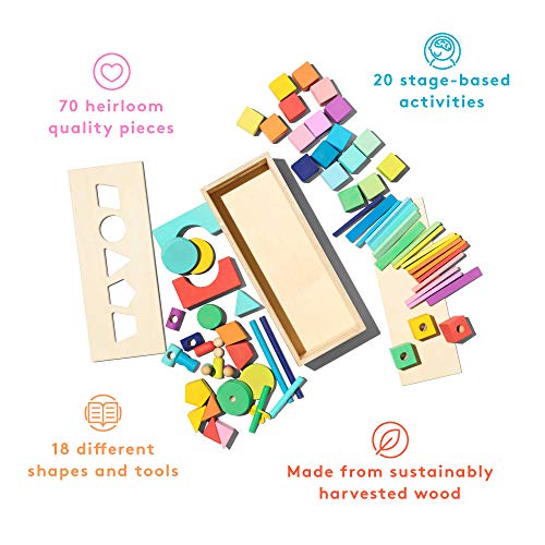 Lovevery Block Set Juego de Bloques, 70 Piezas y 18 Formas para Introducir la educación Stem (Apto para niños a Partir de 18 Meses hasta Edad Preescolar y más Mayores también.