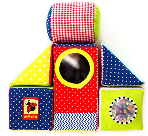 MACIK Bloques Blandos para niños – Juguetes apilar para bebés - Juguetes Desarrollo - Juego Cubos de motricidad Fina – Juguetes Suaves 6 Meses con sonajero bebé – Juguetes educativos 12-18 Meses