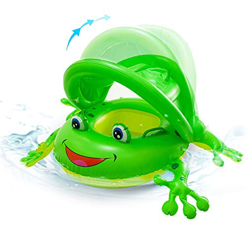 NEWYANG Inflable Flotador para bebé - Círculo de Natación de Rana con Asiento, Sombrilla Desprendible, Manejas, Juguetes de Desarrollo de Natación en Agua para Niños 1-3 años (Verde)
