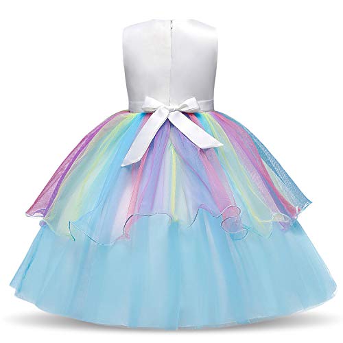 NNJXD Vestido de Unicornio para niñas Fiesta de Apliques de Flores Cosplay Disfraz de Halloween + Gorros Tamaño (140) 7-8 años 439 Azul-A