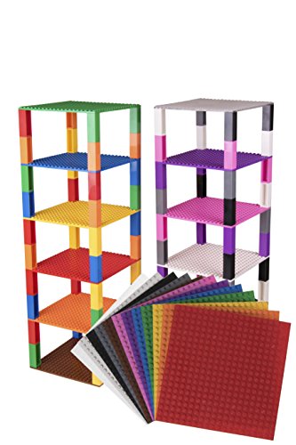 Pack de 12 Bases con Ladrillos separadores 2 x 2 - Construcción en Forma de Torre - Compatible con Todas Las Marcas - 15,24 x 15,24 cm - Blanco, Transparente, Gris, Negro, marrón y más